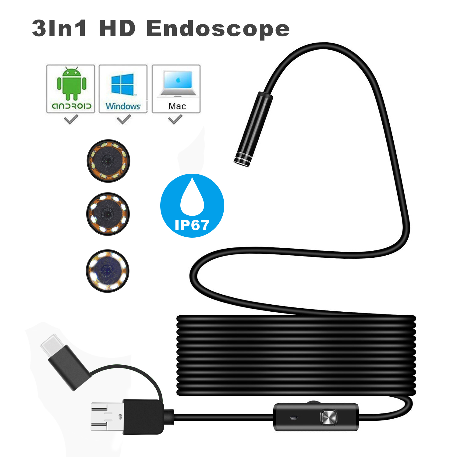 Inskam108A 5MP 12mm 4LED hard cable auto focus camera endoscope wire