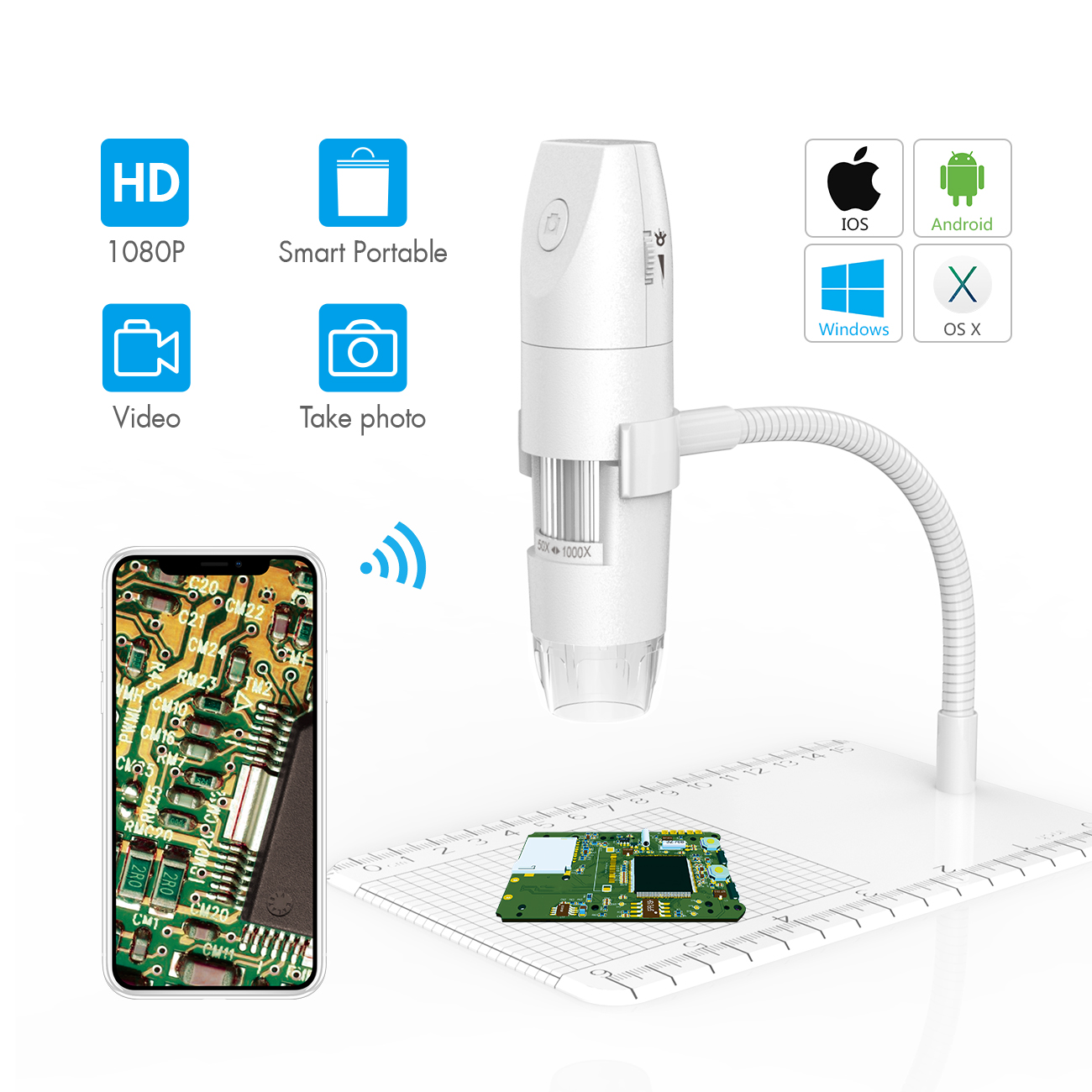 Supordu 2MP WiFi Wireless Digital Microscope HD Electron Microscope 1000X Magnification